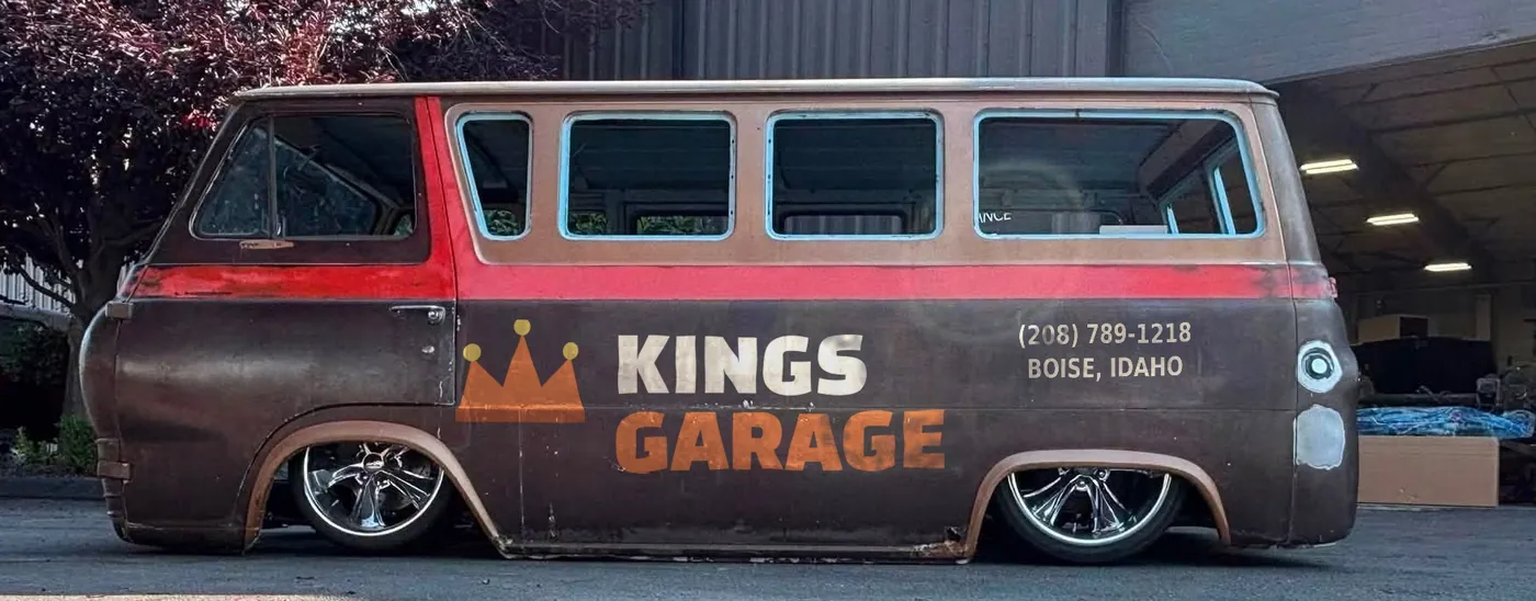 The Kings Garage shop van - a lowered 1960s Ford Econoline with the Kings Garage logo painted on the side