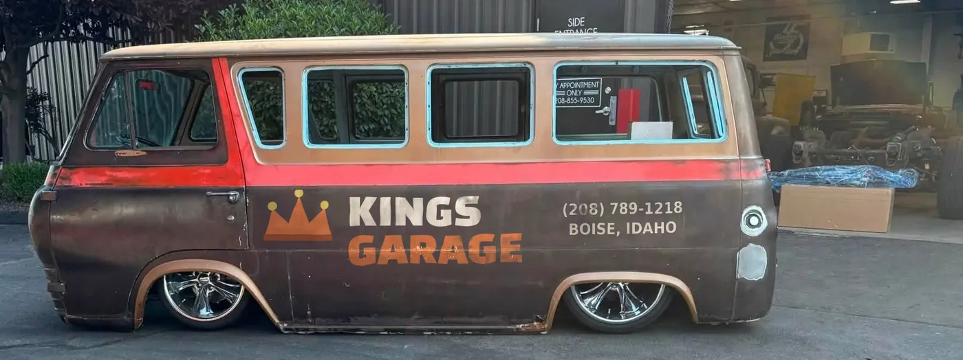 Side profile of the Kings Garage shop van showing the hand-painted lettering
